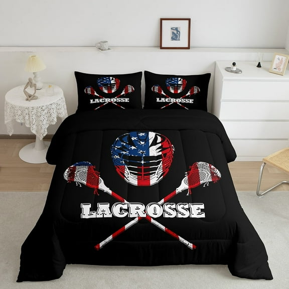 Erosebridal Lacrosse Print Comforter Sets Twin Size, Vintage Sports Comforters & Duvets, American Flag Reversible Duvet Insert, Breathable Bedroom Decorative, 2pcs