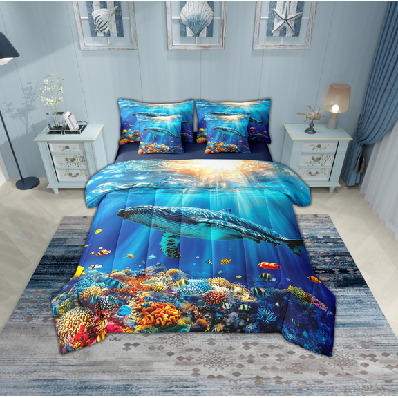 Erosebridal Ocean Whale Bedding Sets Twin Size,Marine Sealife Comforter Sets with Sheets,Uderwater World Decor,Reversible,Breathable,7pcs