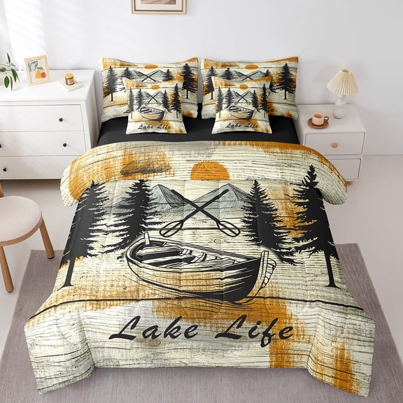 Erosebridal Lake Life Bedding Sets Twin Size,Vintage Paddle Comforter Sets with Sheets,Lodge Cabin Bed in a Bag Twin size,Super Cozy Rustic Room Decor,Reversible,7pcs