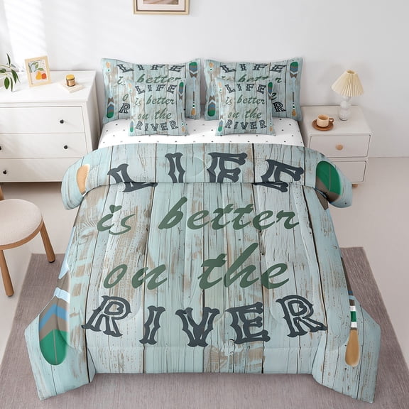 Erosebridal Lake Life Comforter Set 7 Piece Twin Size,Life is Better On The River Theme Reversible Quilt Set,Paddle Print Rustic Wooden Board Bedding Set with Comforter,Sheet,Pillowcase