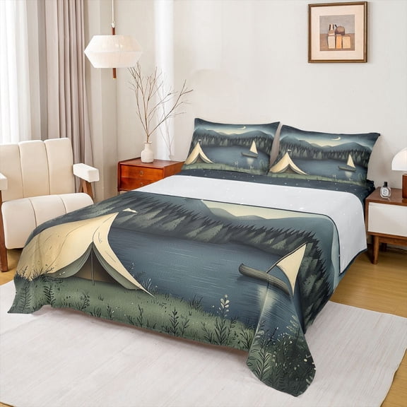 Erosebridal Lake Life Queen Sheet Sets 4 Pieces for Teens Boys Girls,Kids Rustic Cottage Happy Camping Bed Set,Lightweight Room Decor