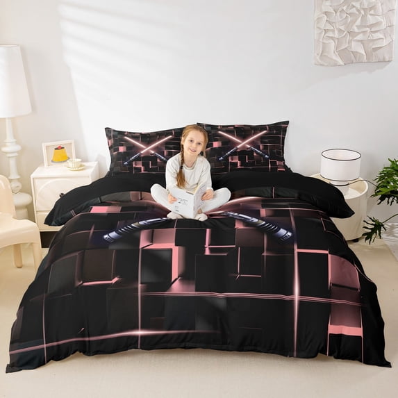 Erosebridal Laser Lights Game Comforter Cover Twin,Geometric Geometry Buffalo Bedding Twin Size,Neon Pink Duvet Cover Twin For Youth,Super Cozy Room Decoration Reversible,3-Piece(No Comforter)