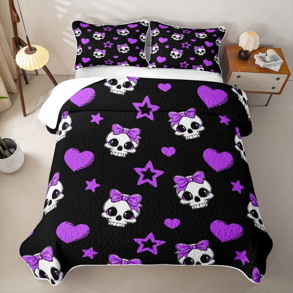 Erosebridal Lavender Bow Skull Gothic Twin Quilt Set,Pastel Spooky Coquette Pattern Twin Coverlet Set For Girls,2 Pieces
