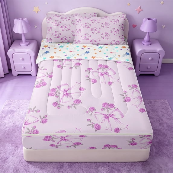 Erosebridal Lavender Bowknot Zipper Full Size Comforter Sets with Fitted Sheet and 2 Pillowcases,Rose Ribbon Bow Zipper Bedding Set For Girls,Colorful Stars Reversible,4-Piece
