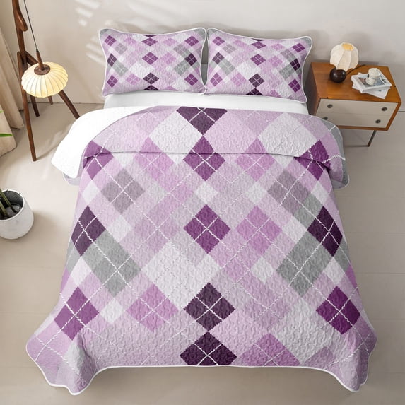 Erosebridal Lavender Check Quilt King,Purple Rhombus Pattern King Coverlet Set For Boys,3-Piece