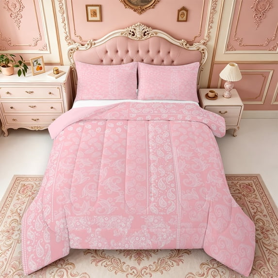 Erosebridal Lavender Paisley Patchwork Full Size Comforter Sets,Elegant Floral Motif Bedding Comforter Set,3pcs,1 Comforter and 2 Pillowcases,Pink Reversible