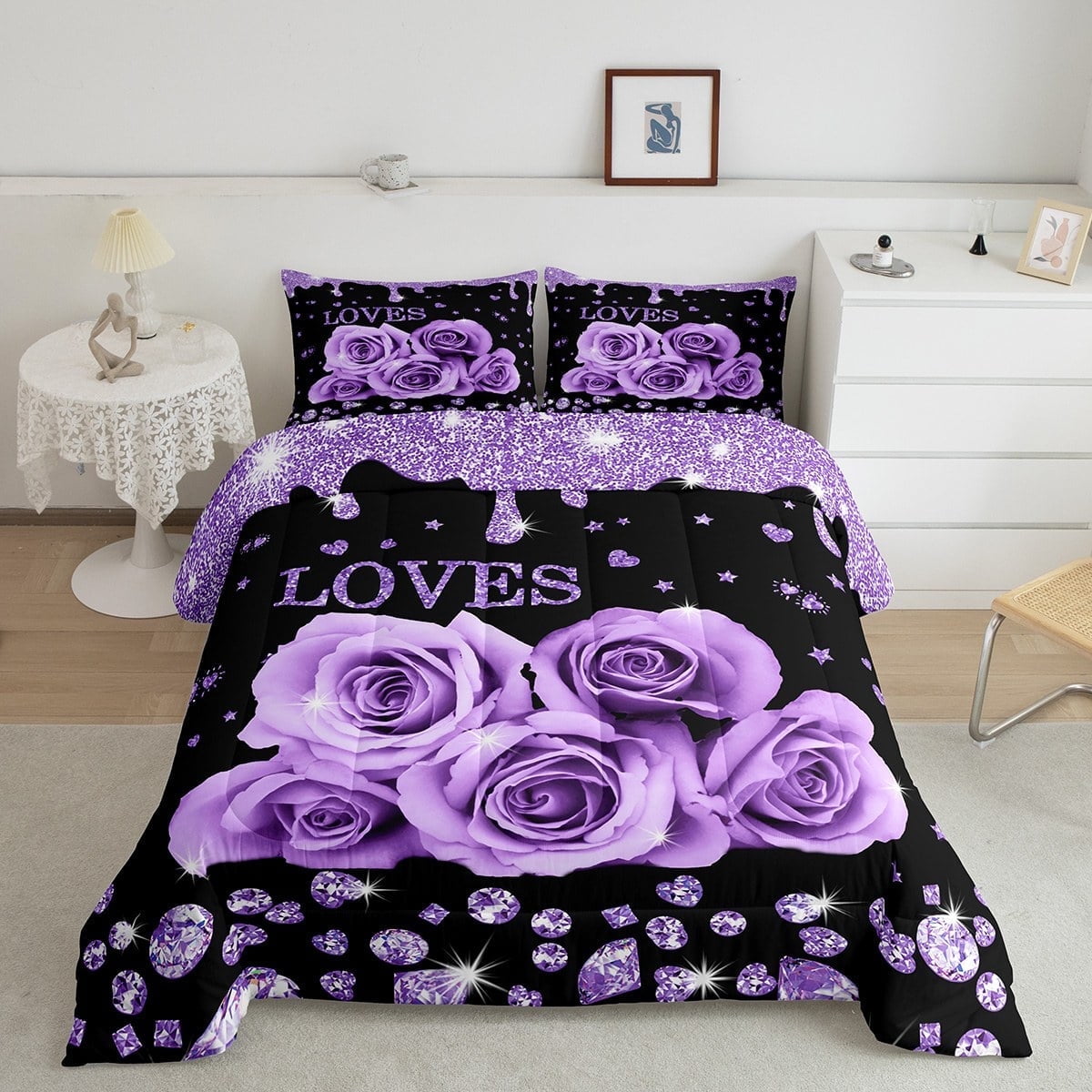 Erosebridal Lavender Rose Print Comforter Set Queen Purple And Black Floral  Bedding Set Rose Flower Gifts For Women Men Couple ,Glitter Diamond Love  Hearts Decor Bed Duvet Set 2 Pillow Cases -, image size:1200x1200