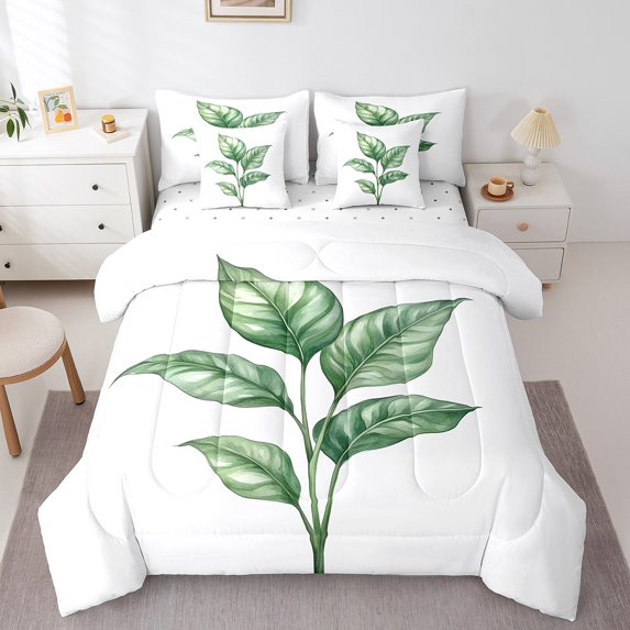 Erosebridal Leaves Botanical Bedding King Size, Plant Print Bedding Sets King Size, Green, Reversible 7 Pieces