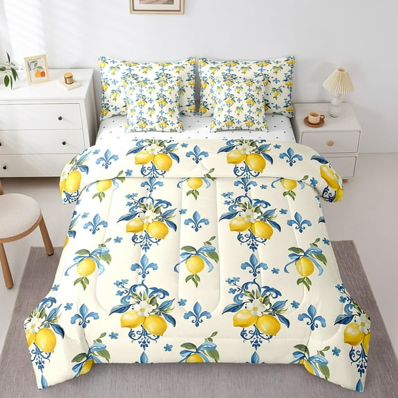 Erosebridal Lemon Fruit Bed in a Bag Queen Size,Summer Botanical Floral Bed Set,Yellow Blue Bedding Queen Size For Men Woemn,Microfiber Bedroom Decor Reversible,7 Pieces