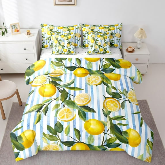 Erosebridal Lemon Print Bed in a Bag Twin size, Blue Stripes Geometry Bedding Twin Size, Fresh Fruit Reversible Comforter Sets with Sheets, Microfiber Bedroom Decoration, 7pcs