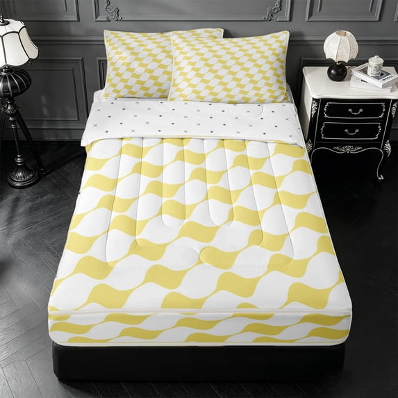 Erosebridal Lemon Wavy Line Zipper Full Size Comforter Sets with Fitted Sheet and 2 Pillowcases,Yellow Swirl Zipper Bedding Set For Boys,Reversible,4-Piece