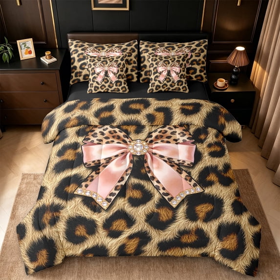 Erosebridal Leopard Animal Print 7 Pieces Bedding Comforter Set For Women,Pink Girly Bow Full Bedding Set For Girls Kids,Black Reversible