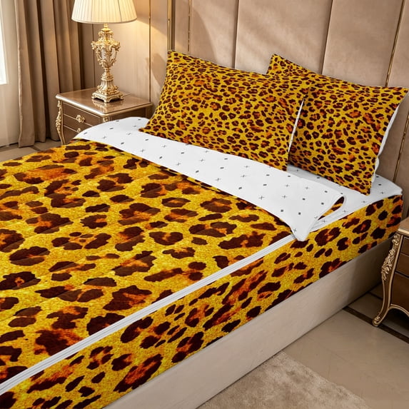 Erosebridal Leopard Animal Print Zipper Queen Comforter Set with Fitted Sheet and 2 Pillowcases for Girls, Golden Cheetah Spot Zipper Bedding Set, Reversible, 4pcs