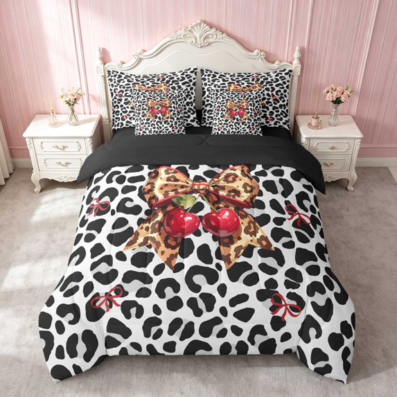 Erosebridal Leopard Bow Cherry Queen Bedding for Girls, Cheetah Fruit Animal Print Bedding Comforter Set Queen, Black Reversible 7pcs