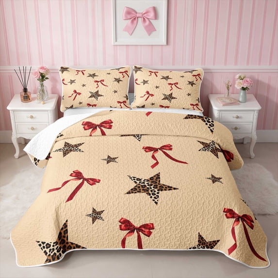 Erosebridal Leopard Bow Heart Print Quilt King for Girls, Cheetah Animal Spots Love King Coverlet Set, 3pcs 1 Bedspread and 2 Pillowcases