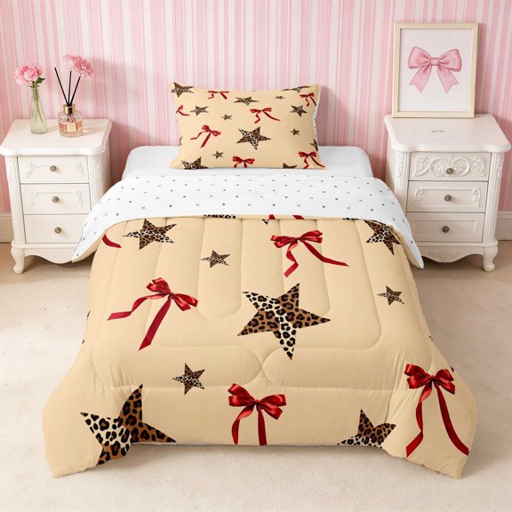 Erosebridal Leopard Bow Heart Print Twin Comforter Sets for Girls, Cheetah Animal Spots Love Bedding Set, Reversible 2pcs 1 Comforter and 1 Pillowcase