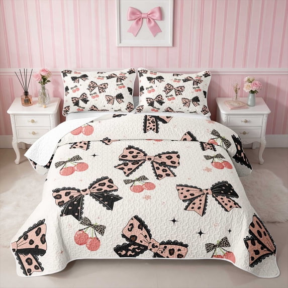 Erosebridal Leopard Bow Heart Print Twin Quilt Set for Girls, Cheetah Animal Spots Love Twin Coverlet Set, 2 Pieces 1 Bedspread and 1 Pillowcase