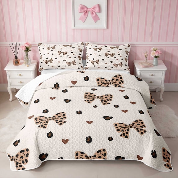 Erosebridal Leopard Bow Heart Print Twin Quilt Set for Girls, Cheetah Animal Spots Love Twin Coverlet Set, 2 Pieces 1 Bedspread and 1 Pillowcase