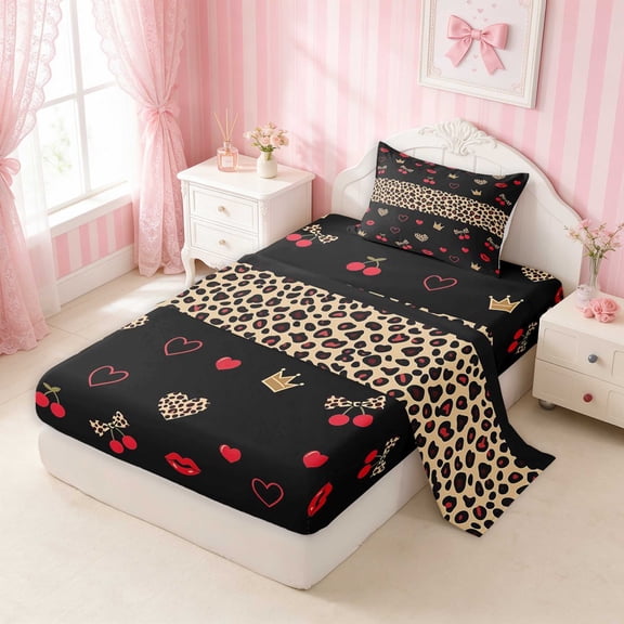 Erosebridal Leopard Bow Heart Print Twin Sheets for Girls, Leopard Bow Heart Print Twin Sheet Sets, 3-Piece (1 Flat Sheet, 1 Fitted Sheet and 1 Pillowcase)