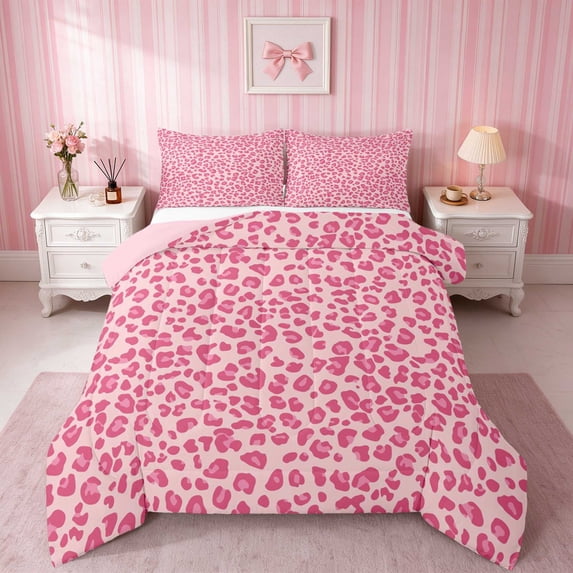 Erosebridal Leopard Bow Print Full Size Comforter Sets for Girls, Cheetah Animal Spots Girly Bedding Comforter Set, Pink Reversible 3-Piece 1 Comforter and 2 Pillowcases