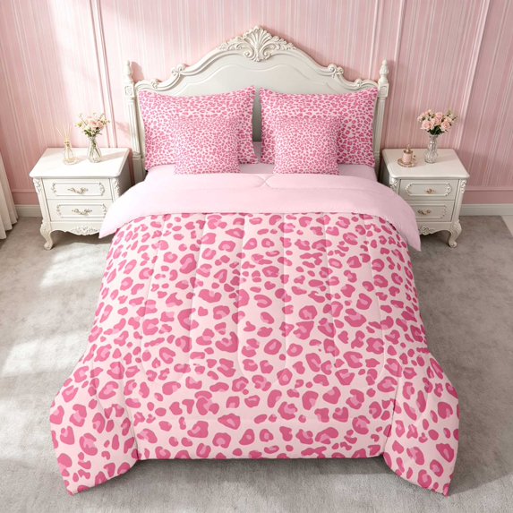 Erosebridal Leopard Bow Print King Bedding for Girls, Cheetah Animal Spots Girly King Bed in a Bag, Pink Reversible 7pcs
