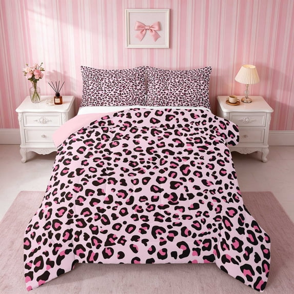 Erosebridal Leopard Bow Print Queen Comforter Set for Girls, Cheetah Animal Spots Girly Comforter Sets Queen, Pink Reversible 3-Piece 1 Comforter and 2 Pillowcases