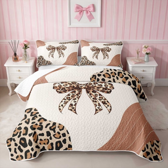Erosebridal Leopard Bow Print Quilt King for Girls, Cheetah Animal Spots Girly King Coverlet Set, 3 Pieces 1 Bedspread and 2 Pillowcases