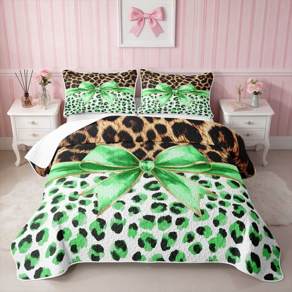 Erosebridal Leopard Bow Print Quilt King for Girls, Cheetah Animal Spots Girly King Coverlet Set, 3 Pieces 1 Bedspread and 2 Pillowcases