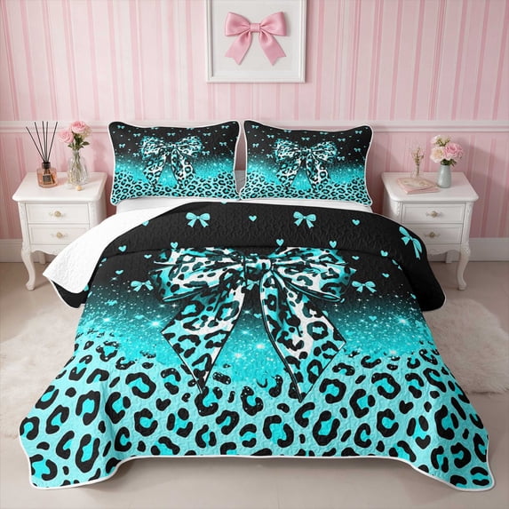 Erosebridal Leopard Bow Print Quilt King for Girls, Cheetah Animal Spots Girly King Coverlet Set, 3pcs 1 Bedspread and 2 Pillowcases