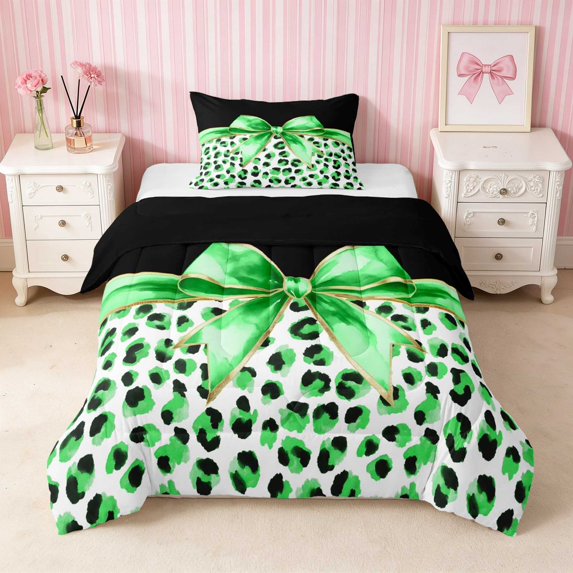 Erosebridal Leopard Bow Print Twin Comforter Sets for Girls, Cheetah Animal Spots Girly Bedding Set, Black Reversible 2-Piece 1 Comforter and 1 Pillowcase