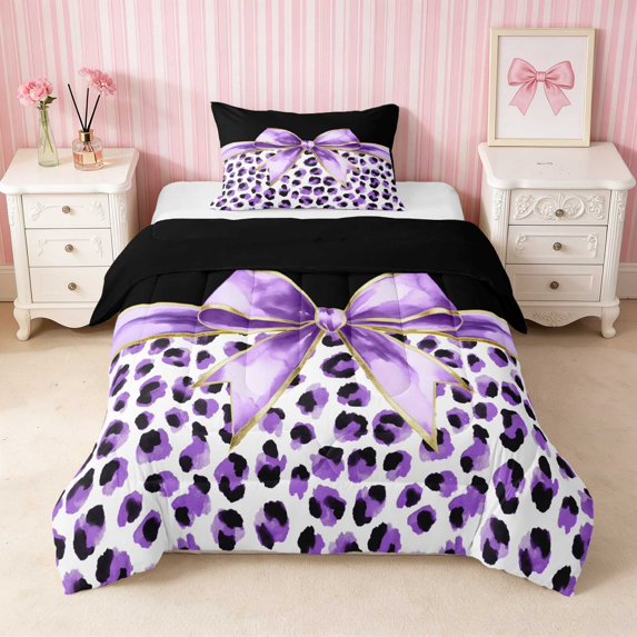 Erosebridal Leopard Bow Print Twin Comforter Sets for Girls, Cheetah Animal Spots Girly Bedding Set, Black Reversible 2-Piece 1 Comforter and 1 Pillowcase