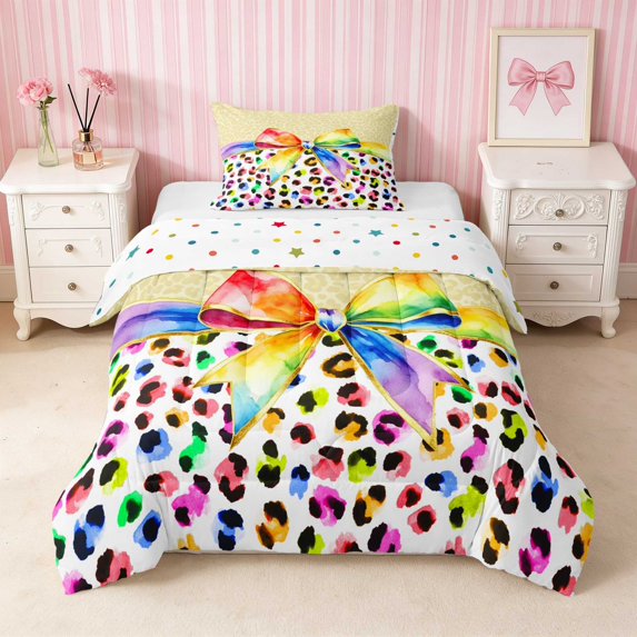 Erosebridal Leopard Bow Print Twin Comforter Sets for Girls, Cheetah Animal Spots Girly Bedding Set, Polka Dots Reversible 2pcs 1 Comforter and 1 Pillowcase