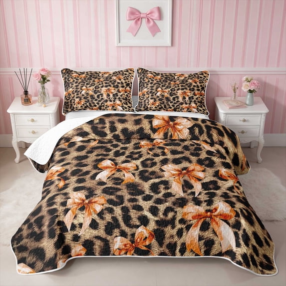 Erosebridal Leopard Bow Print Twin Quilt Set for Girls, Cheetah Animal Spots Girly Twin Coverlet Set, 2-Piece 1 Bedspread and 1 Pillowcase