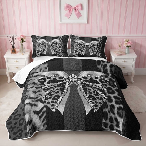 Erosebridal Leopard Bow Print Twin Quilt Set for Girls, Cheetah Animal Spots Girly Twin Coverlet Set, 2-Piece 1 Bedspread and 1 Pillowcase