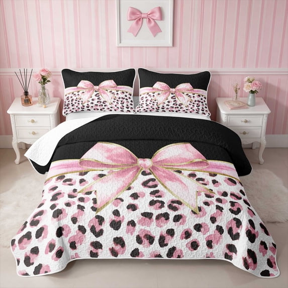 Erosebridal Leopard Bow Print Twin Quilt Set for Girls, Cheetah Animal Spots Girly Twin Coverlet Set, 2-Piece 1 Bedspread and 1 Pillowcase