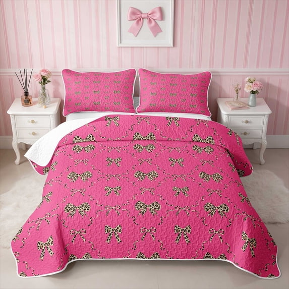 Erosebridal Leopard Bow Print Twin Quilt Set for Girls, Cheetah Animal Spots Girly Twin Coverlet Set, 2 Pieces 1 Bedspread and 1 Pillowcase