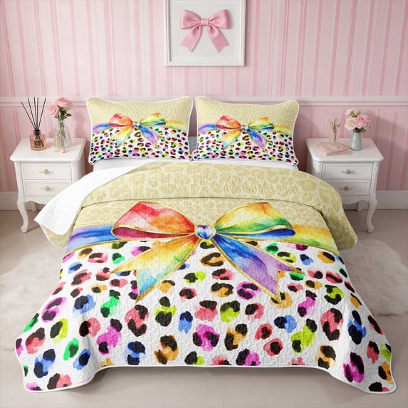 Erosebridal Leopard Bow Print Twin Quilt Set for Girls, Cheetah Animal Spots Girly Twin Coverlet Set, 2pcs 1 Bedspread and 1 Pillowcase