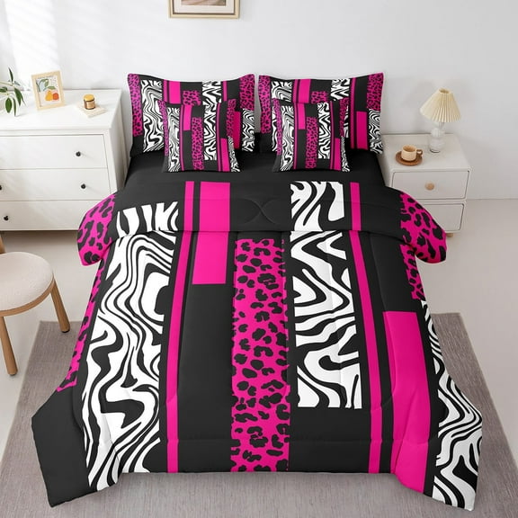 Erosebridal Leopard Cheetah Print Bedding Sets King Size, Hot Pink Comforter Sets with Sheets, Chic Zebra Reversible Bedding King Size, Breathable Bedroom Decor, 7 Pieces
