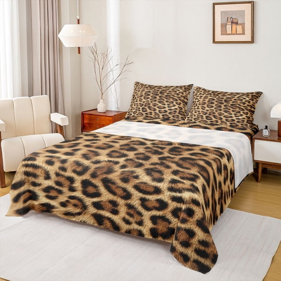 Erosebridal Leopard Cheetah Print Kid Bed Sheets, Western Wildlife King Sheets, Brown, 4-Piece