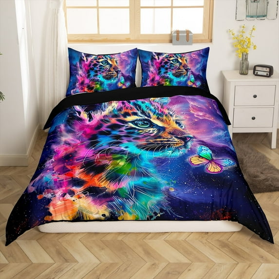Erosebridal Leopard Cheetah Print Twin Duvet Cover Woodland Wildlife Bedding Set, Cartoon Animal Bed Set Mystic Galaxy Nebula Comforter Cover, Rainbow Butterfly Bedspread Cover