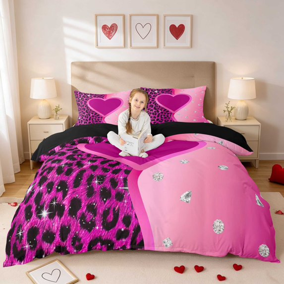 Erosebridal Leopard Heart Diamond Jewelry Duvet Cover King for Girls, Glamorous Animal Print King Bedding, Black Reversible 3-Piece 1 Duvet Cover and 2 Pillowcases
