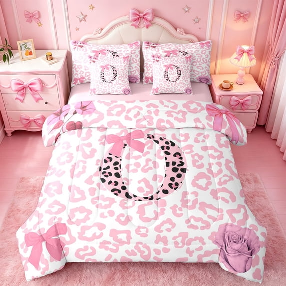 Erosebridal Leopard Letter O Initial Monogram Queen Bedding Sets For Cheetah Lover,Cute Bowknot 7pcs Bedding Comforter Set For Kids,Pink Reversible