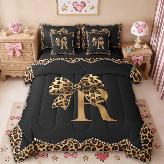 Erosebridal Leopard Pattern Personalized Gifts 7pcs Bedding Comforter Set,Brown Bow Knots Alphabet R Queen Bedding Sets For Kids Girls,Reversible black