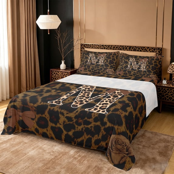 Erosebridal Leopard Pattern Personalized Gifts Full Size Sheets,Brown Bowtie Alphabet M Bed Sheets For Adult Women 4 Pieces