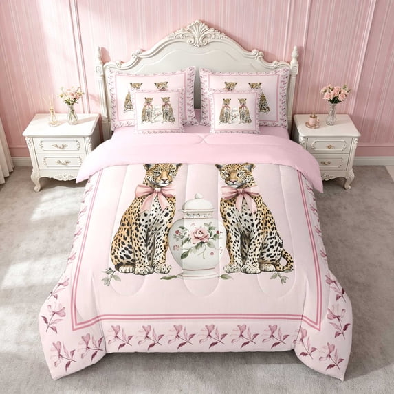 Erosebridal Leopard Pink Bow Vase Twin Bedding for Girls, Cheetah Animal Floral Vintage Bedding Comforter Set, Pink Reversible 7 Pieces