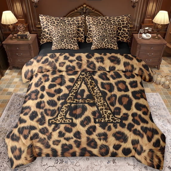 Erosebridal Leopard Print 7-Piece Twin Bedding Sets,Cheetah Pattern A Alphabet Bedding Comforter Set For Kids Girls,Reversible Black