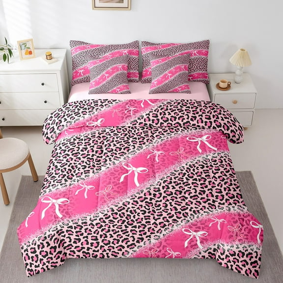 Erosebridal Leopard Print Bed in a Bag Queen Size,Bowtie Bowknot Bed Set,Pink Black Farmhouse Bedding Queen Size For Men Women,Lightweight Room Decorative Reversible,7 Pieces