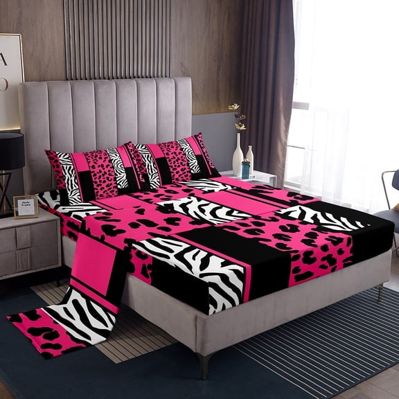 Erosebridal Leopard Print Bed Sheets Set King Size, Black Pink Bed Sheets King, Geometry Stripe Decor, Women