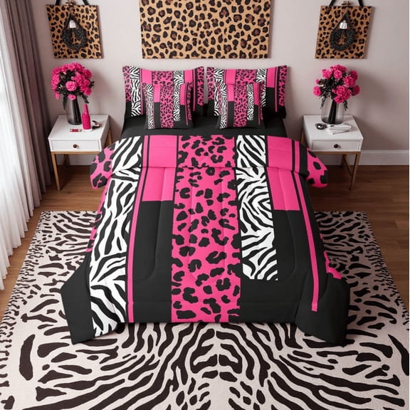 Erosebridal Leopard Print Bed in a Bag Full size, Black Pink Bed Set, Geometry Stripe Decor, Women