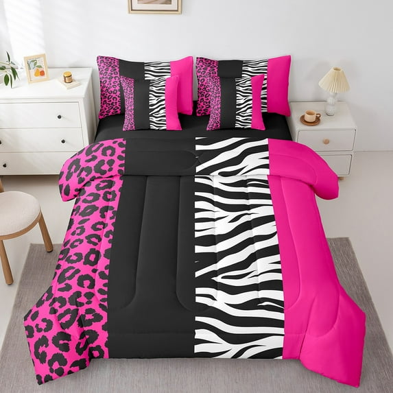 Erosebridal Leopard Print Bedding Sets Full Size, Black Pink Comforter Sets with Sheets, Geometry Stripe Decor, Women, Reversible